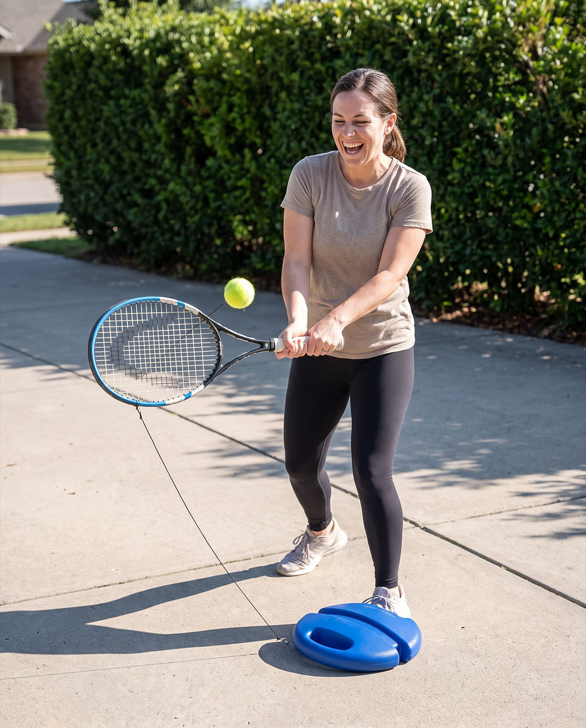A beginner laughing after a hit in her driveway, base beside her feet