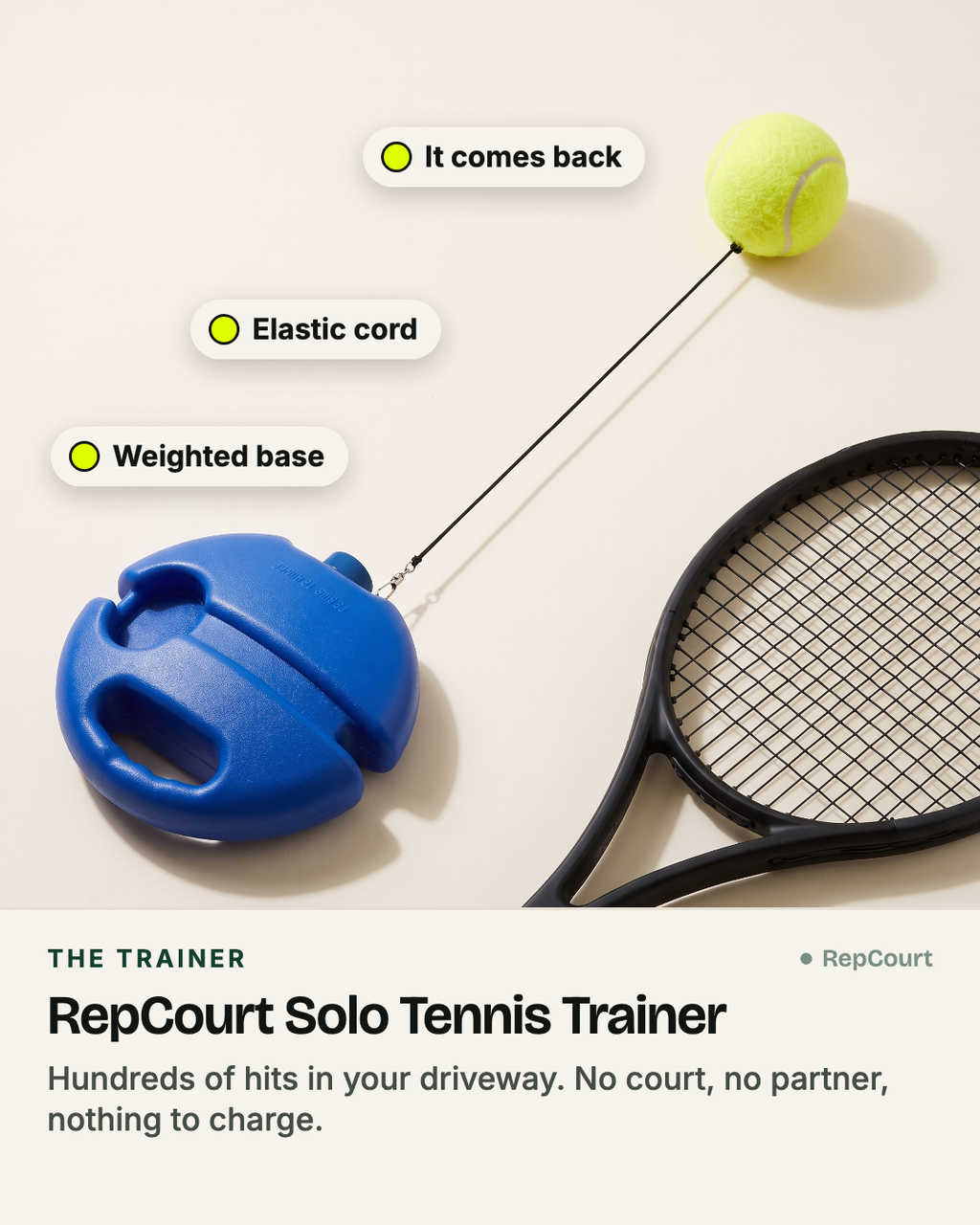 RepCourt Solo Tennis Trainer: weighted base, elastic cord and ball, with a racket for scale