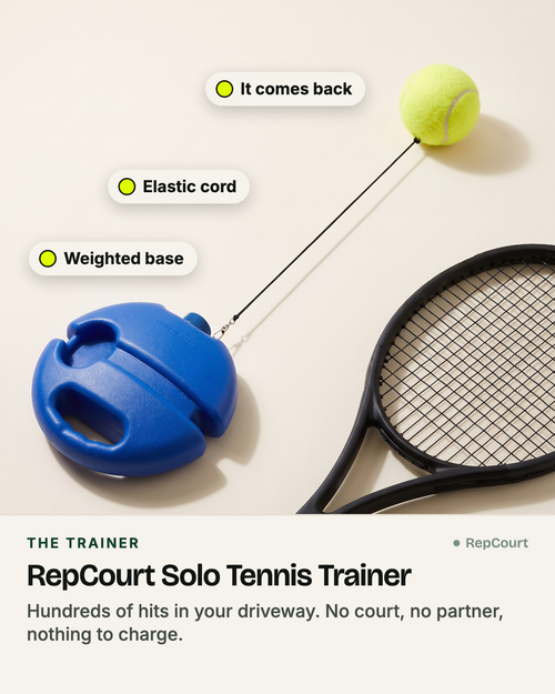 RepCourt Solo Tennis Trainer: weighted base, elastic cord and ball, with a racket for scale